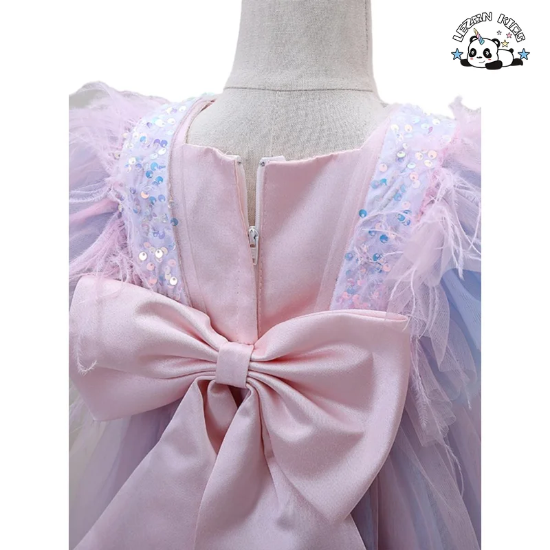 LEZONKIDS - Customizable New Fancy Ruffle Sleeve Feather Rainbow Layered Kids Tulle Dresses Girls Princess Dress